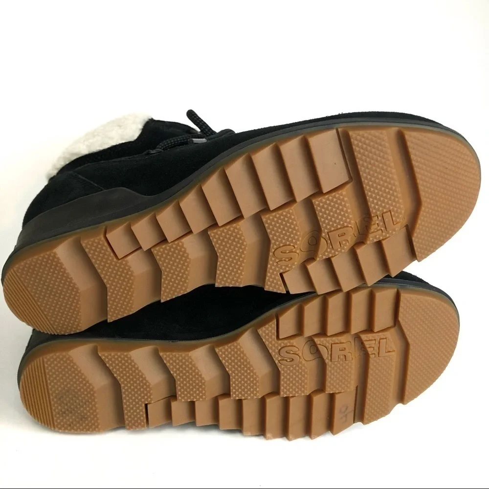 Sorel Black Suede Sherpa Sheep like Fur Wedge Comfy Shoes Sz 9 - HTF_8
